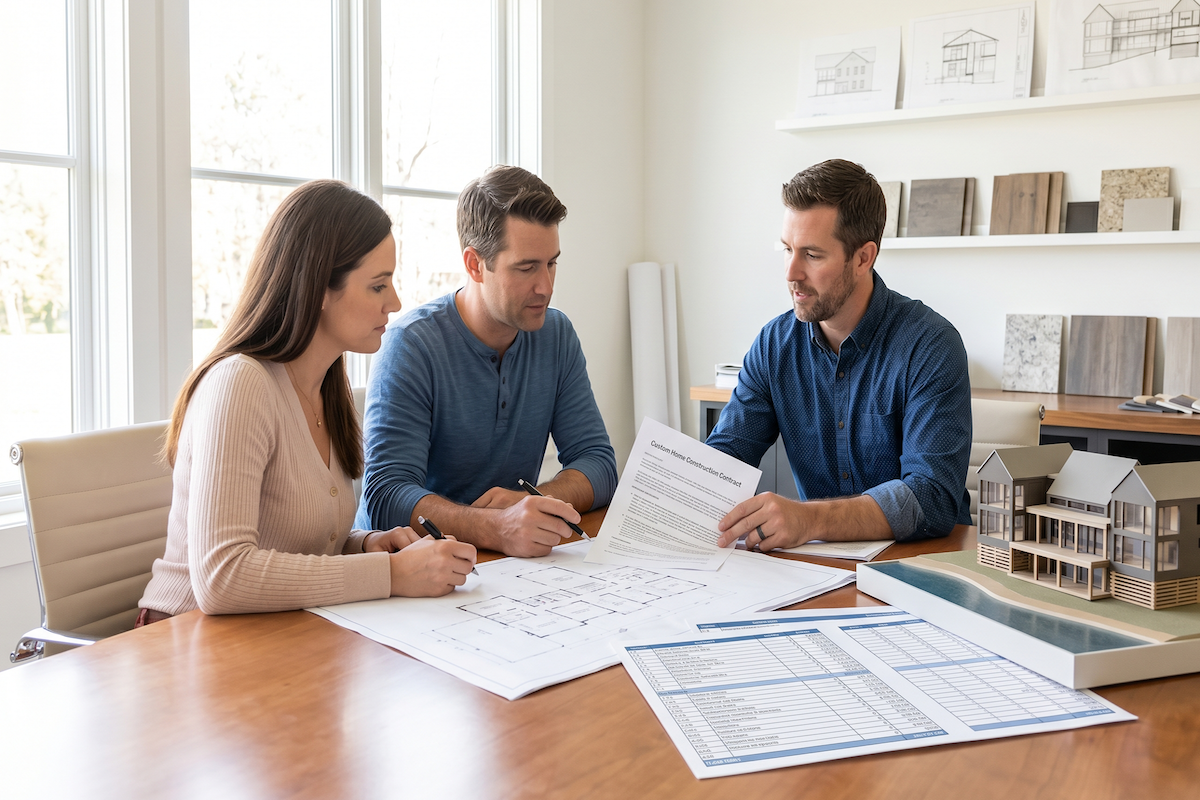 Custom home builder reviewing construction contract and blueprints with homebuyers at Southern Luxury Homes