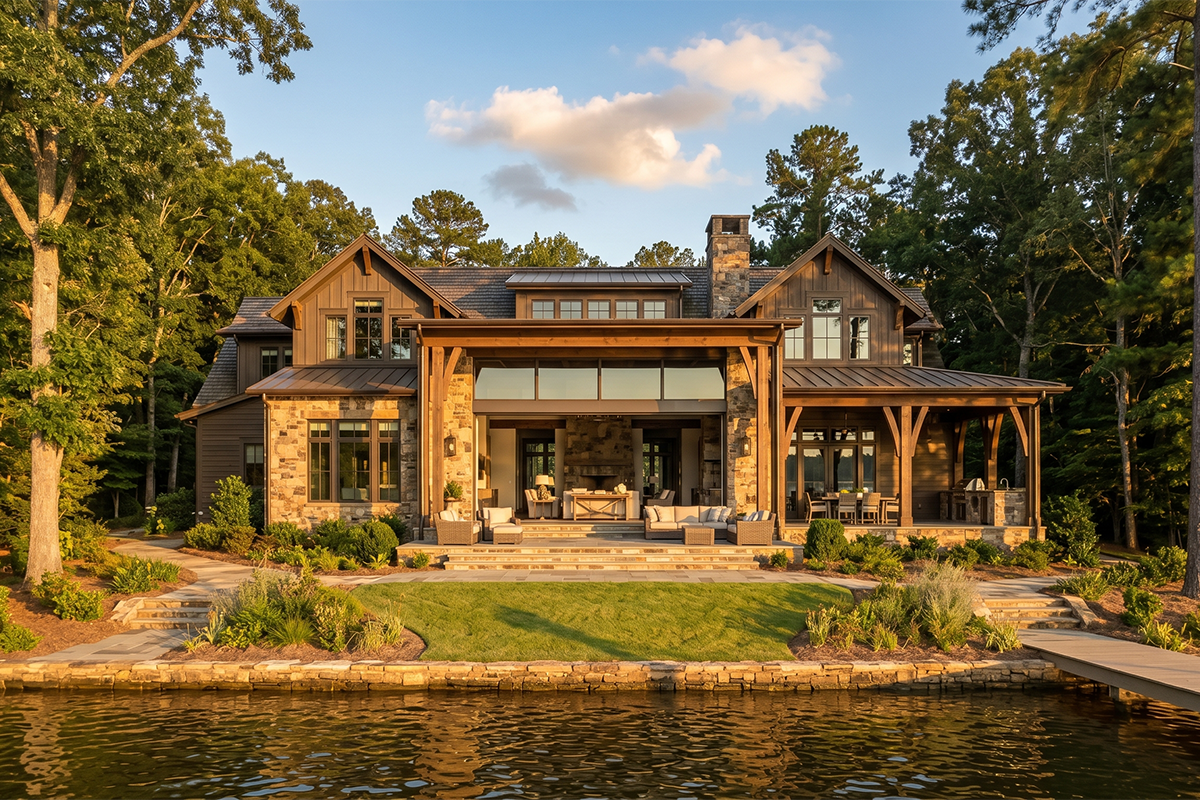 Luxury waterfront home exterior with timber frame porch and outdoor living area on the lake