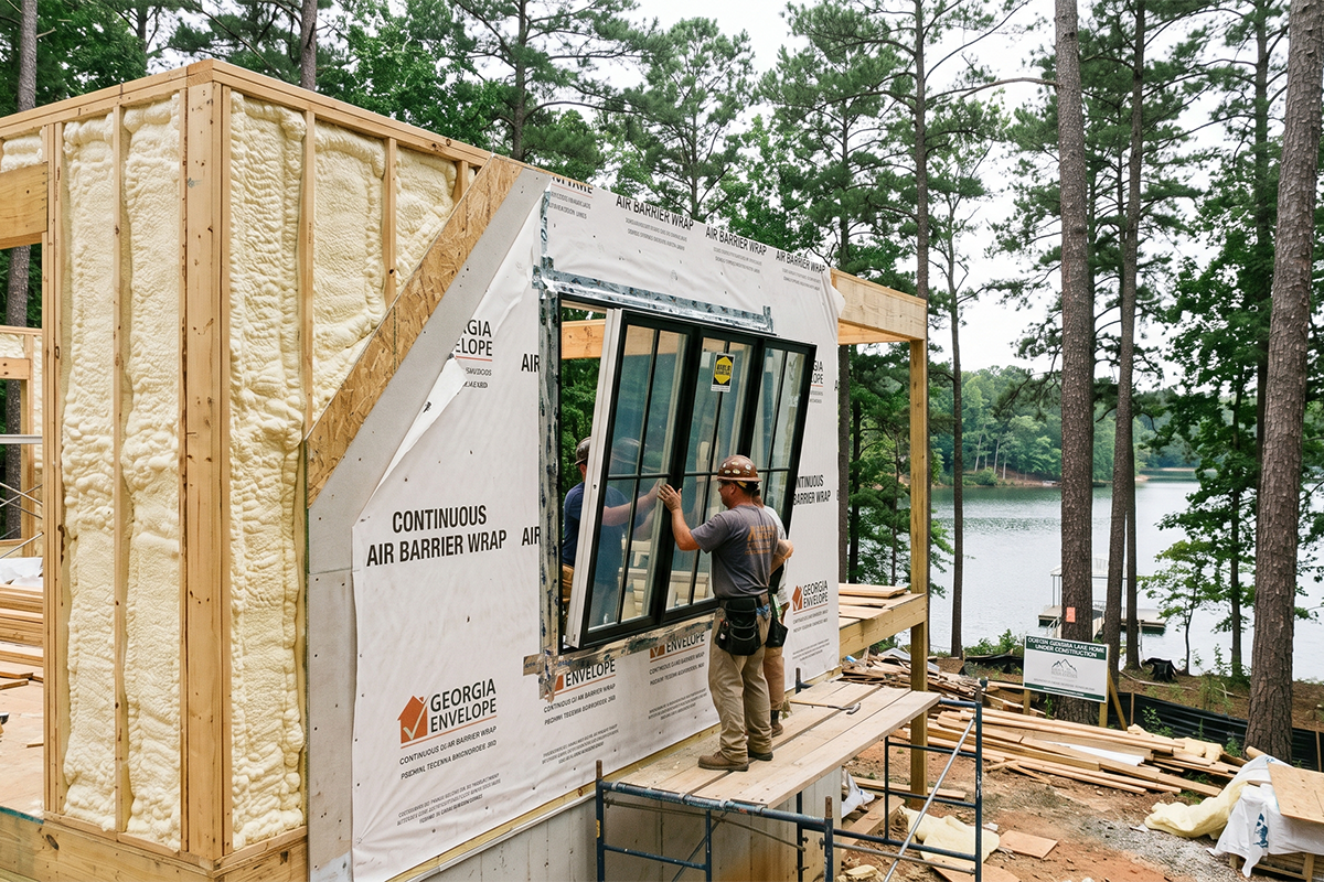 Builder installing energy-efficient window with spray foam insulation on lakefront custom home construction