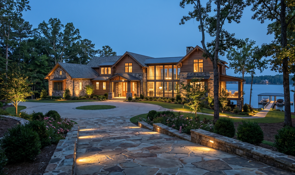 Luxury lakefront custom home exterior at dusk with stone and wood facade, Southern Luxury Homes
